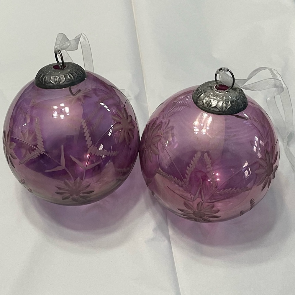 Pottery barn glass 4” ball ornaments purple